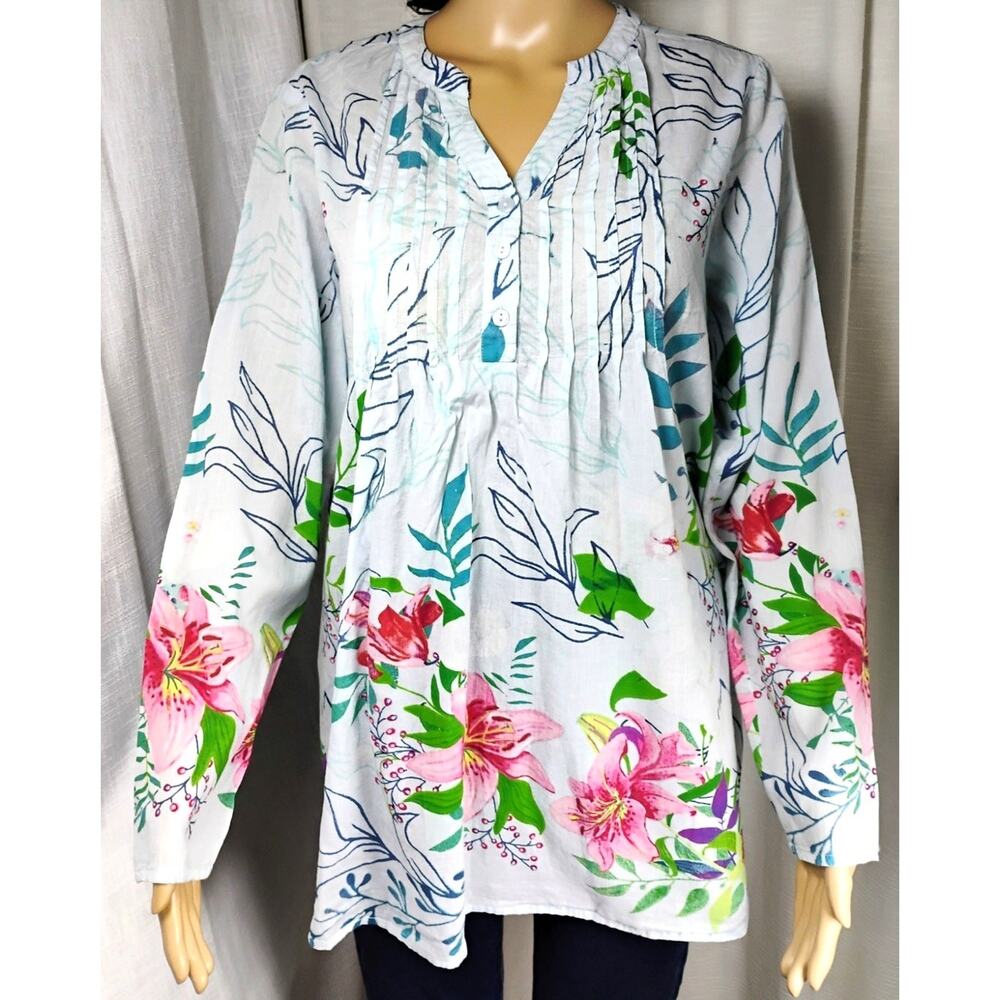 Womens M 100% Cotton Floral Tunic Blue Boho Semi Sheer Flowy Top